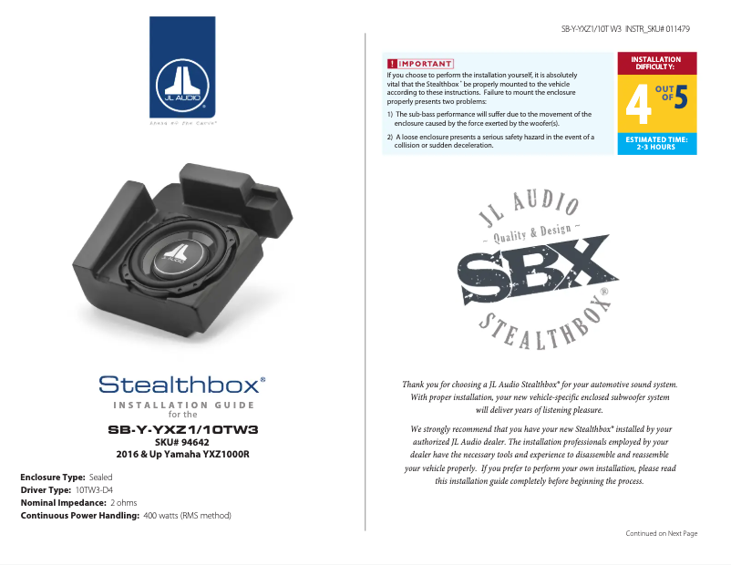 Image de la première page du manuel de l'appareil Stealthbox SB-Y-YXZ1/10TW3