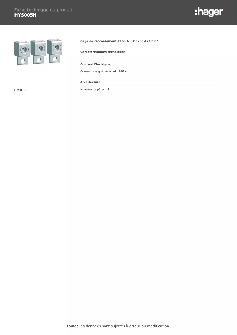 Page 1 de la notice Fiche technique Hager HYS005H