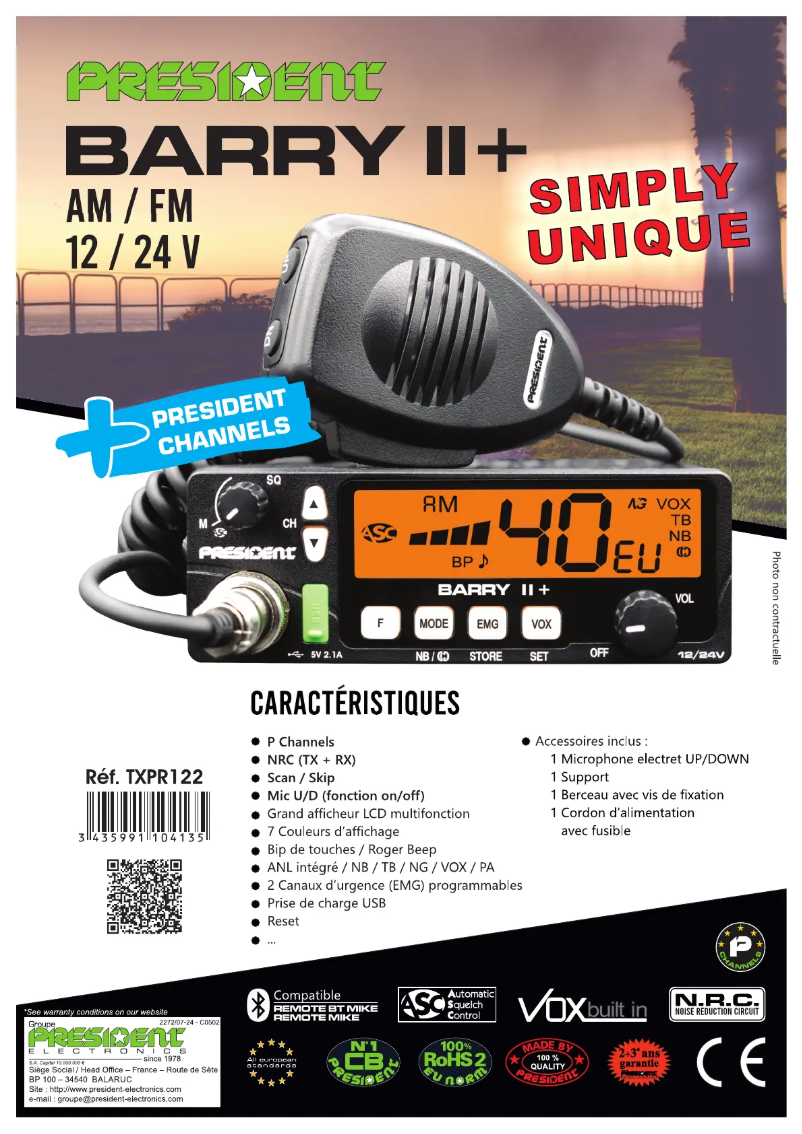 Page 1 de la notice Fiche technique President TXPR122