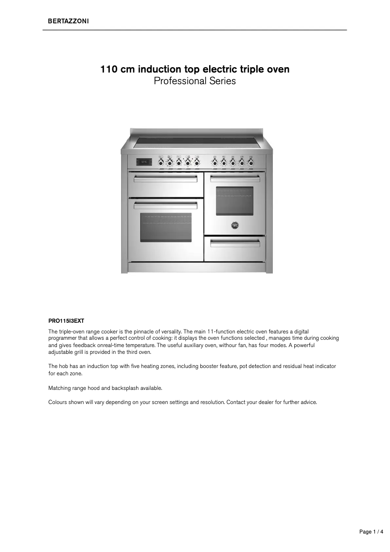 Page 1 de la notice Fiche technique Bertazzoni PRO115I3EXT