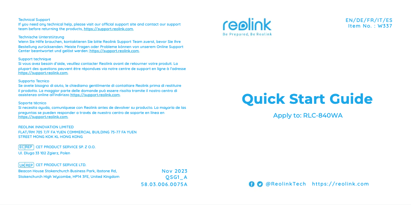 Page n°1 - Manuel utilisateur Reolink RLC-840WA