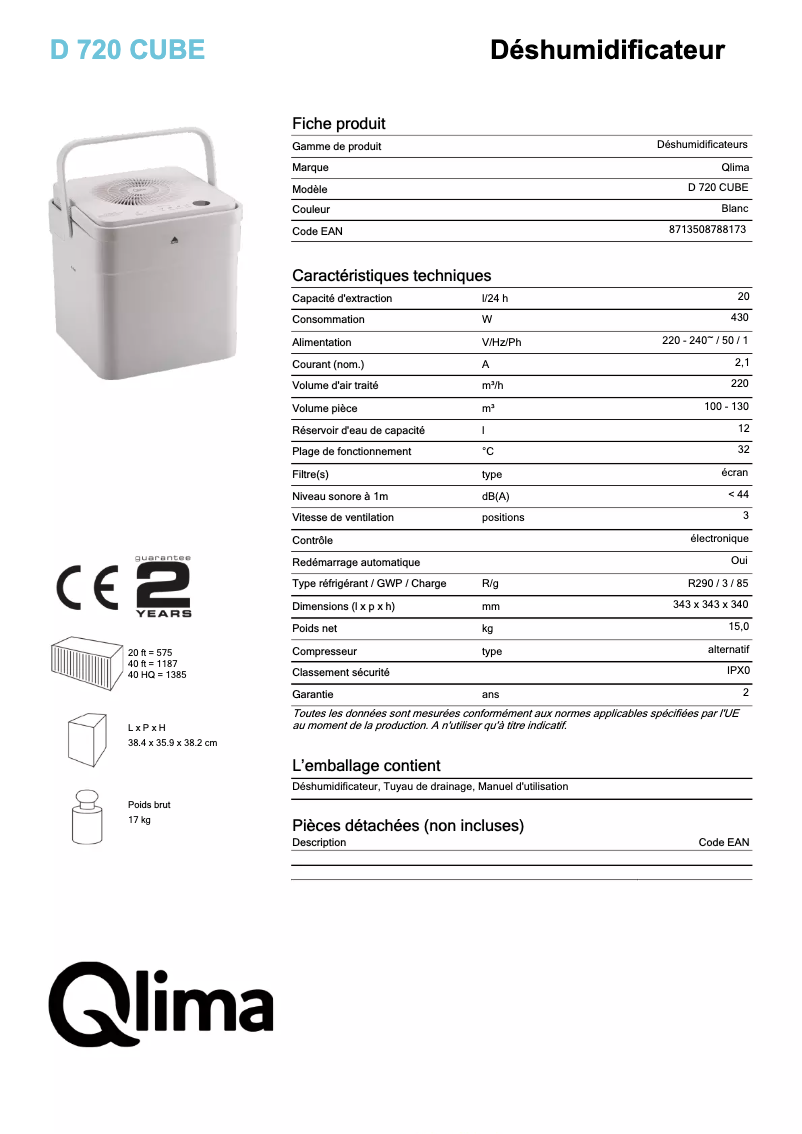 Page 1 de la notice Fiche technique Qlima D 720 Cube