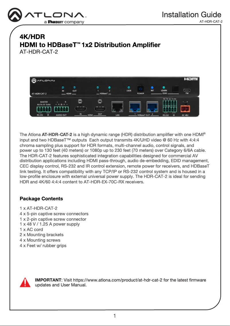 Page 1 de la notice Guide d'installation Atlona AT-HDR-CAT-2