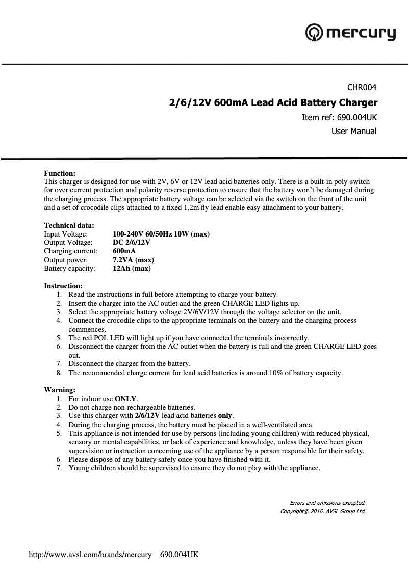 Page 1 de la notice Manuel utilisateur Mercury CHR004