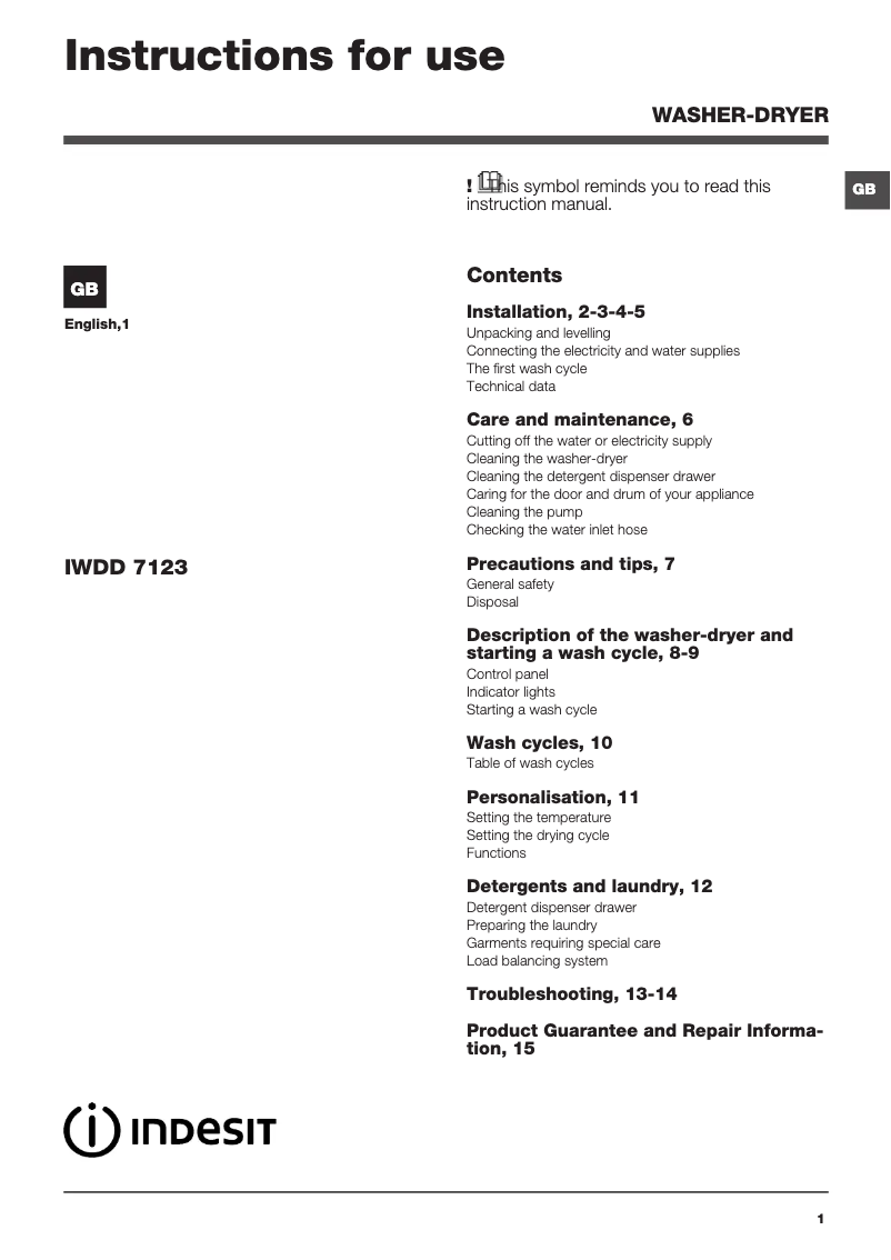 Page 1 de la notice Instructions / montage Indesit IWDD 7123 (UK)