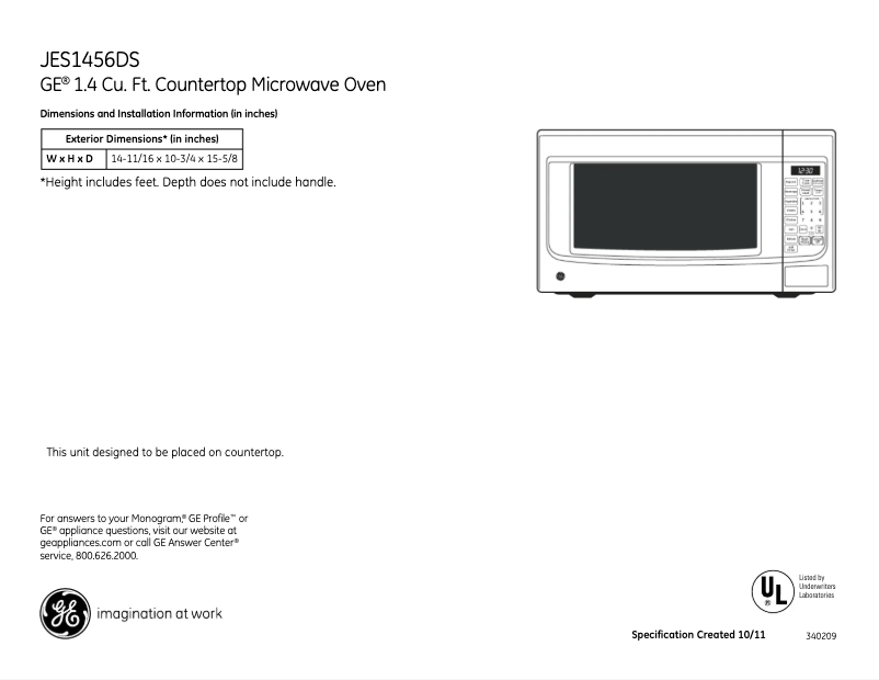 Page 1 de la notice Fiche technique GE JES1456DSWW