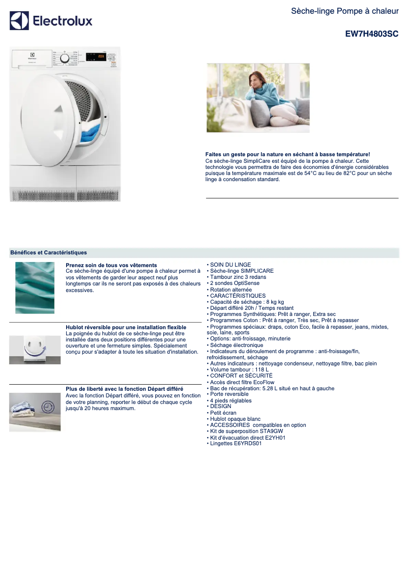Page 1 de la notice Fiche technique Electrolux EW7H4803SC