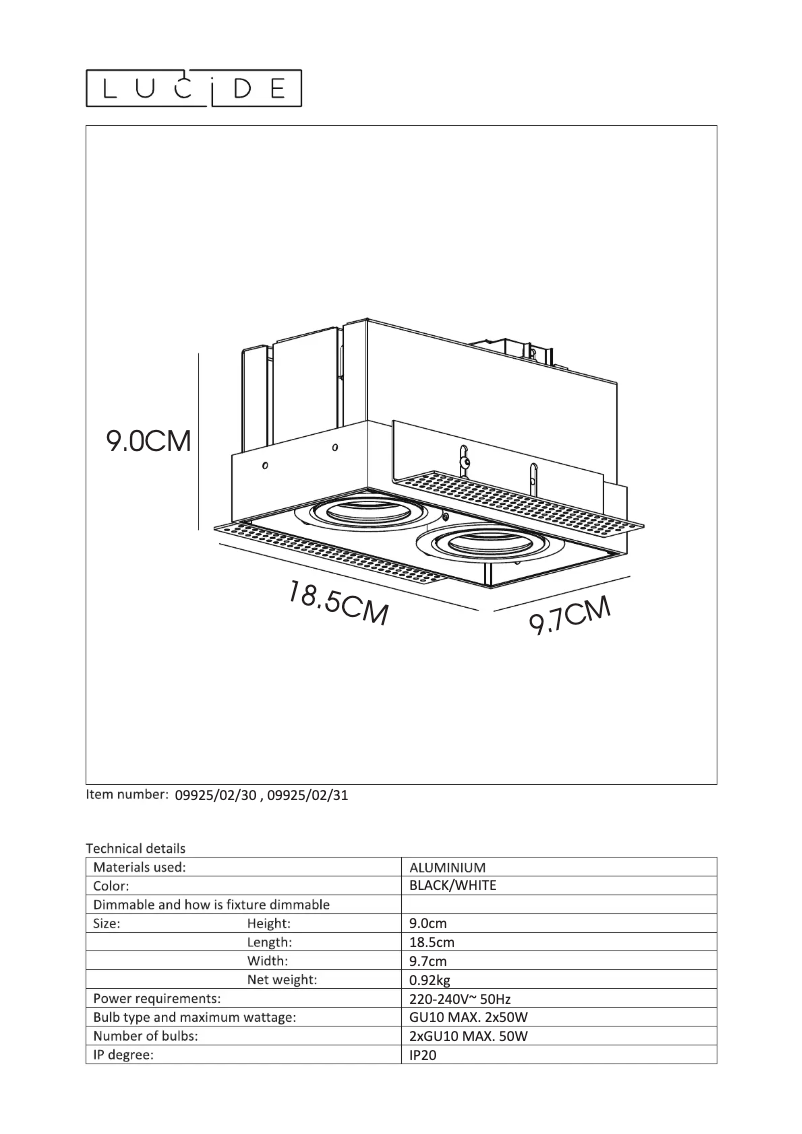 Page n°1 - Manuel utilisateur Lucide Trimless 09925/02/31