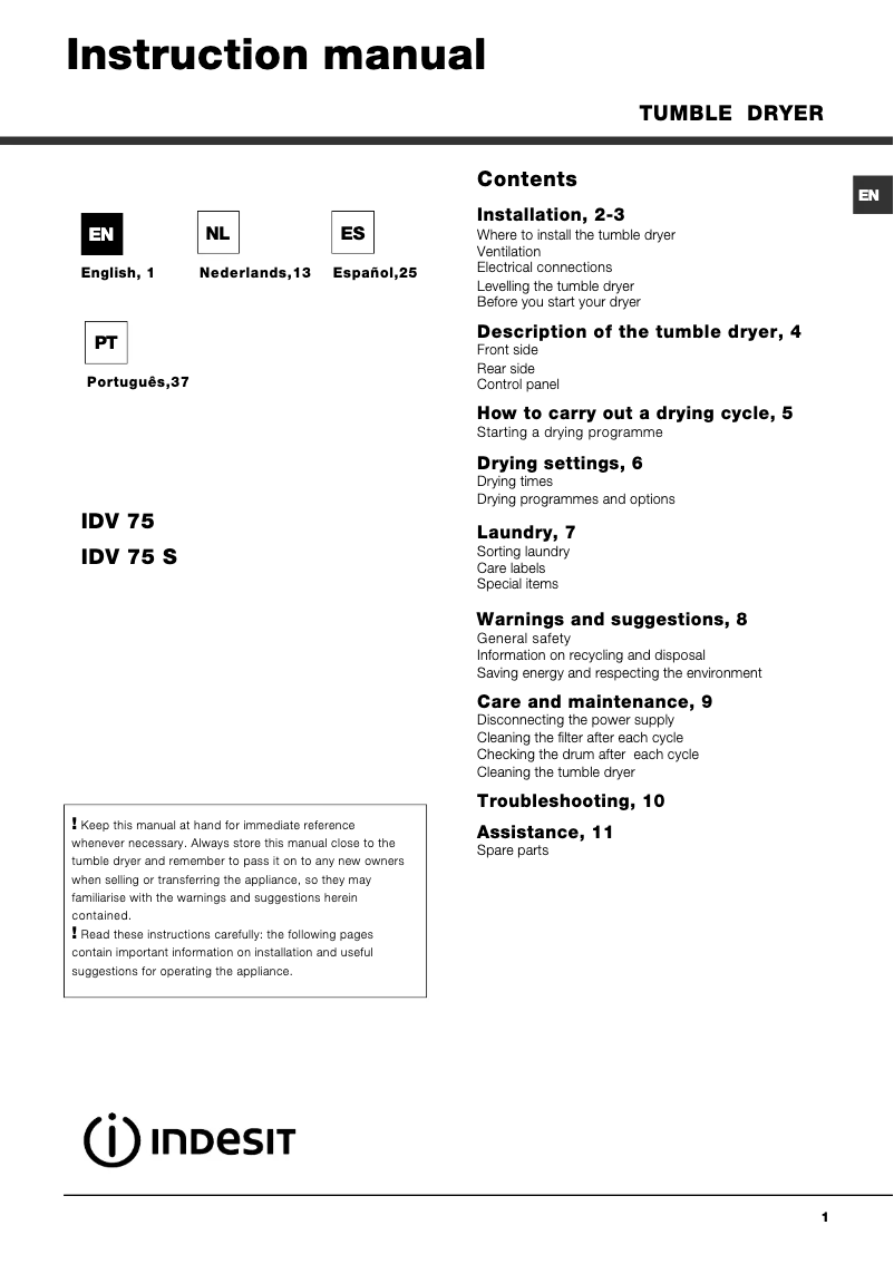 Page 1 de la notice Manuel utilisateur Indesit IDV 75 S (EU)