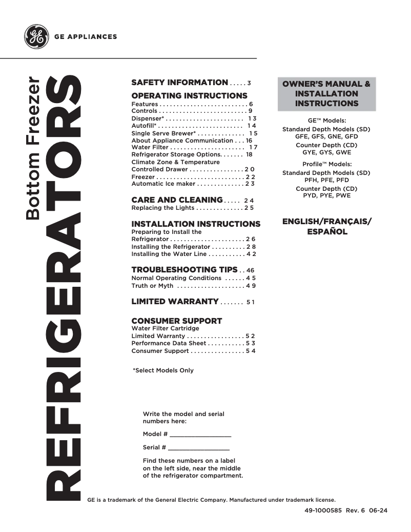 Image de la première page du manuel de l'appareil Profile PYE22PYNFS