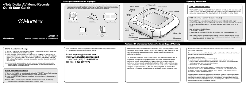 Page 1 de la notice Manuel utilisateur Aluratek AVM01F