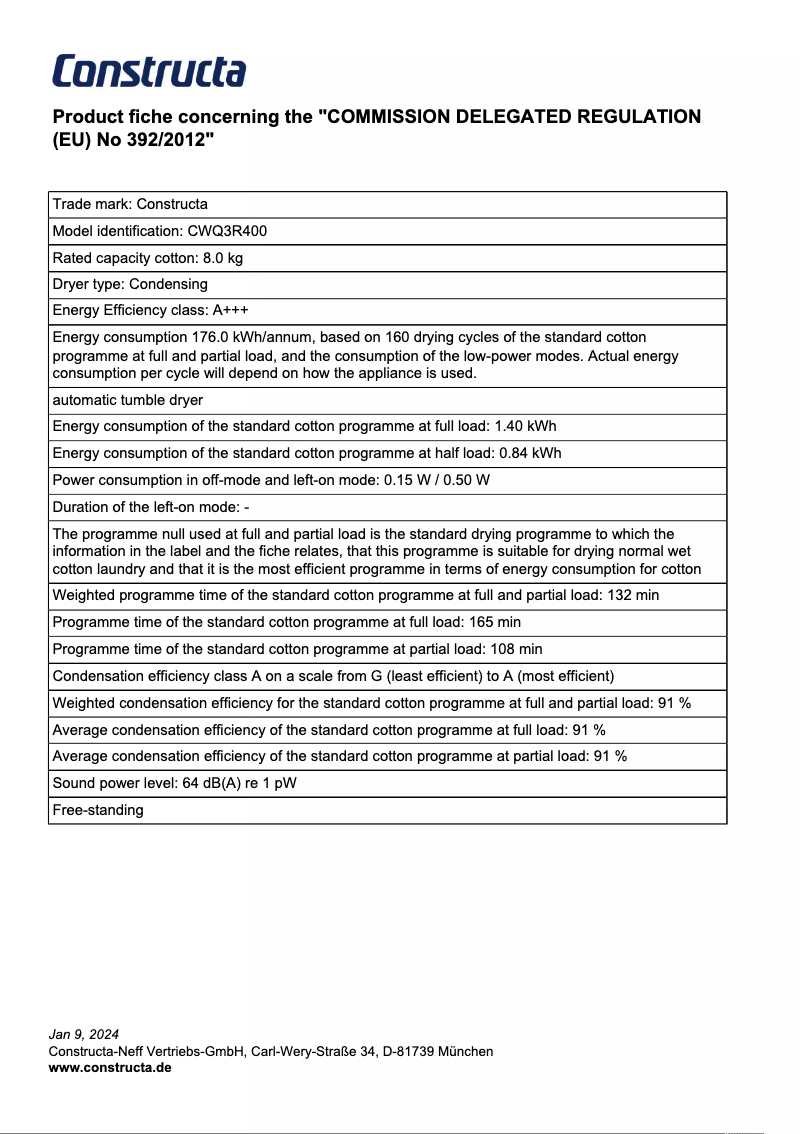 Page 1 de la notice Fiche technique Constructa CWQ3R400