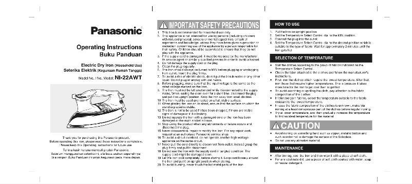 Page 1 de la notice Manuel utilisateur Panasonic NI-22AWT
