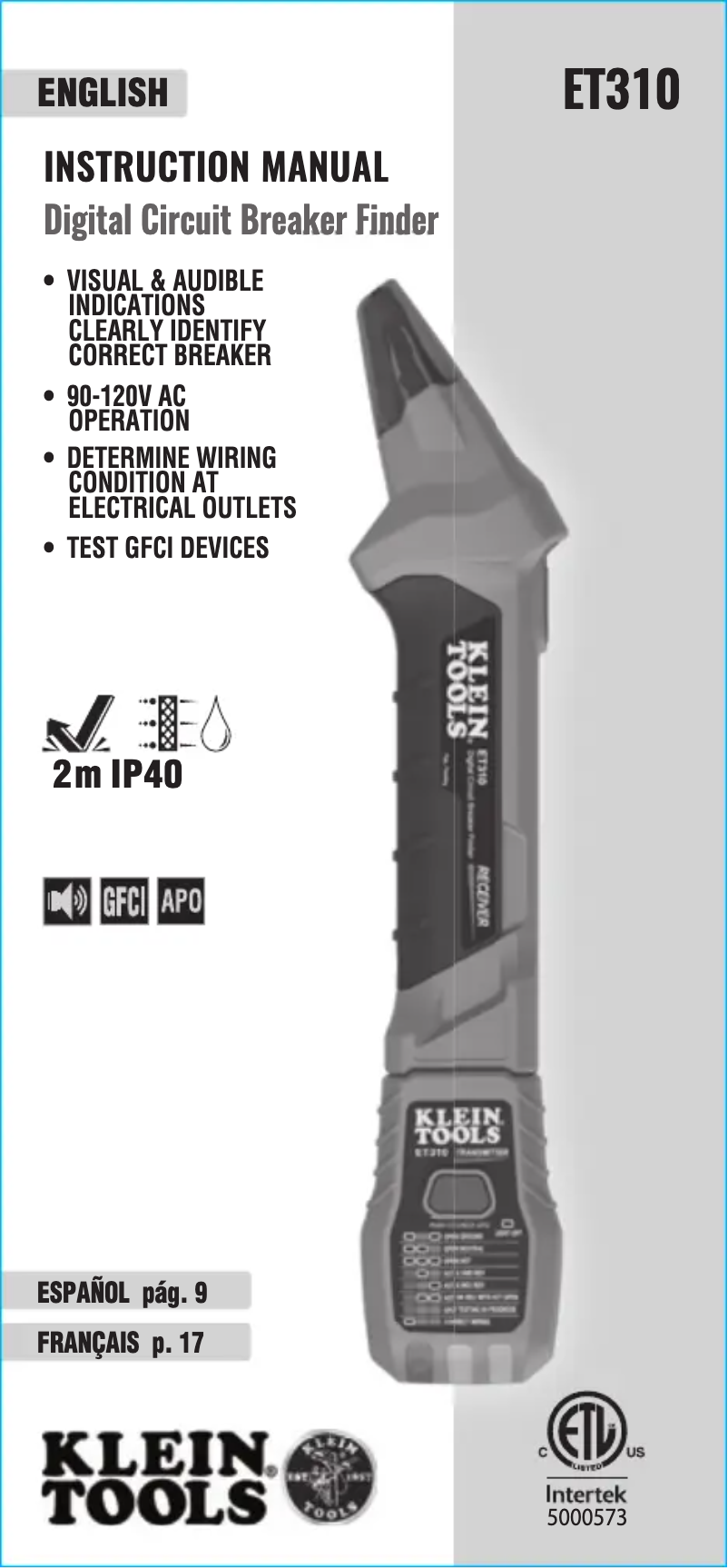 Page 1 de la notice Manuel utilisateur Klein Tools ET310