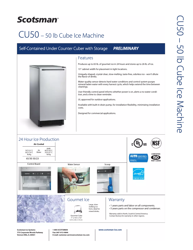 Page 1 de la notice Fiche technique Scotsman CU50GA1A