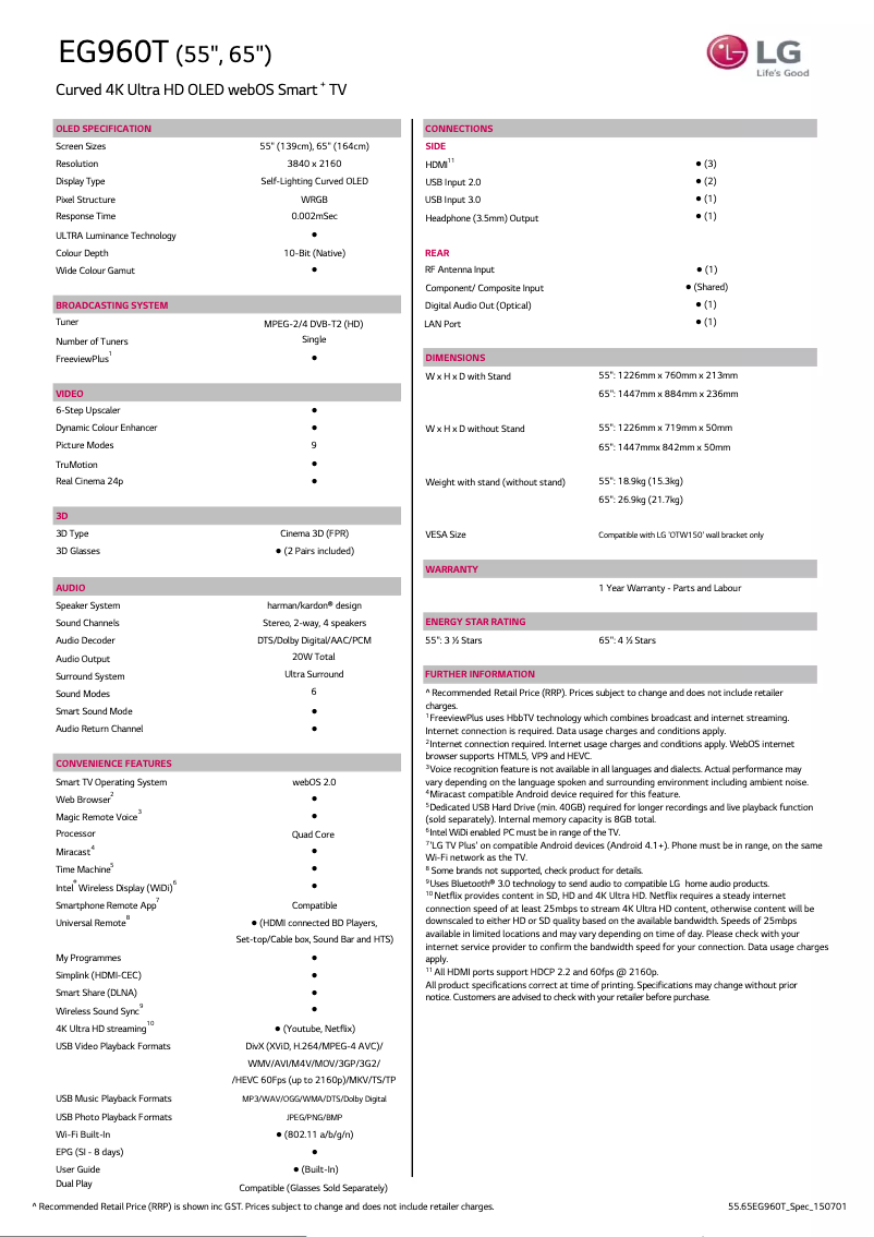 Page 1 de la notice Fiche technique LG 55EG960T