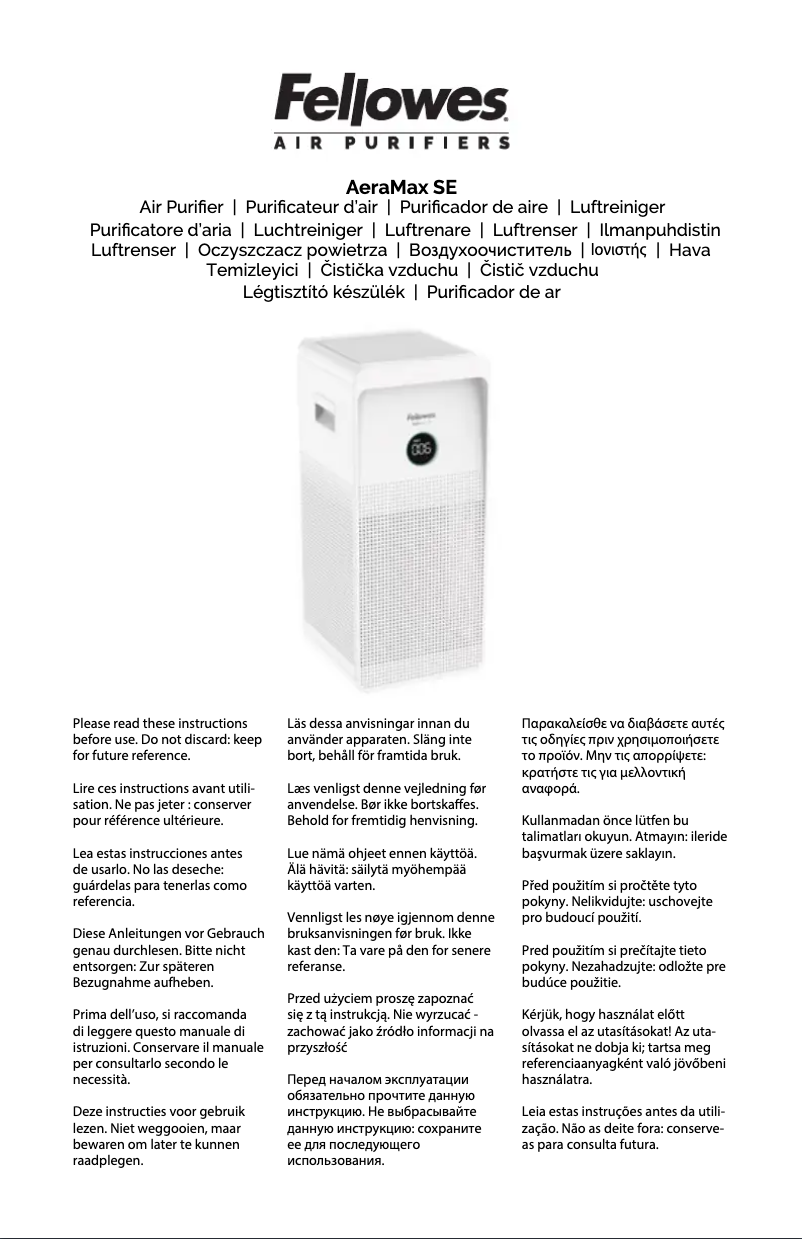 Page 1 de la notice Manuel utilisateur Fellowes AeraMax SE