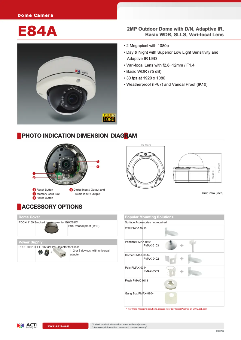 Página 1 del manual Ficha técnica ACTi E84A