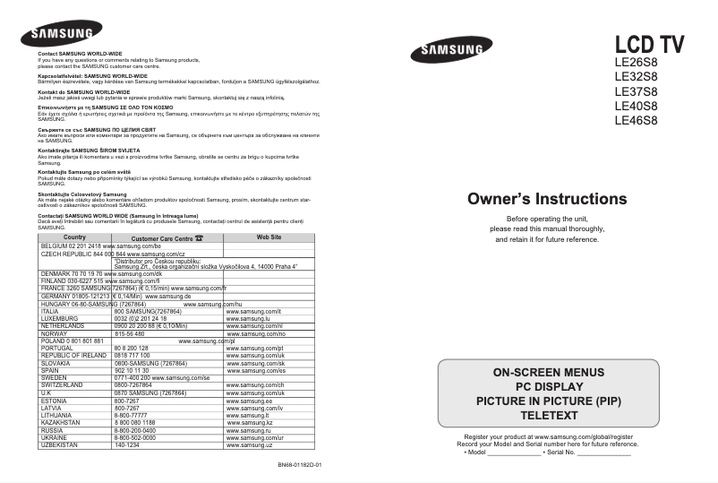 Page 1 de la notice Manuel utilisateur Samsung LE40S86BD