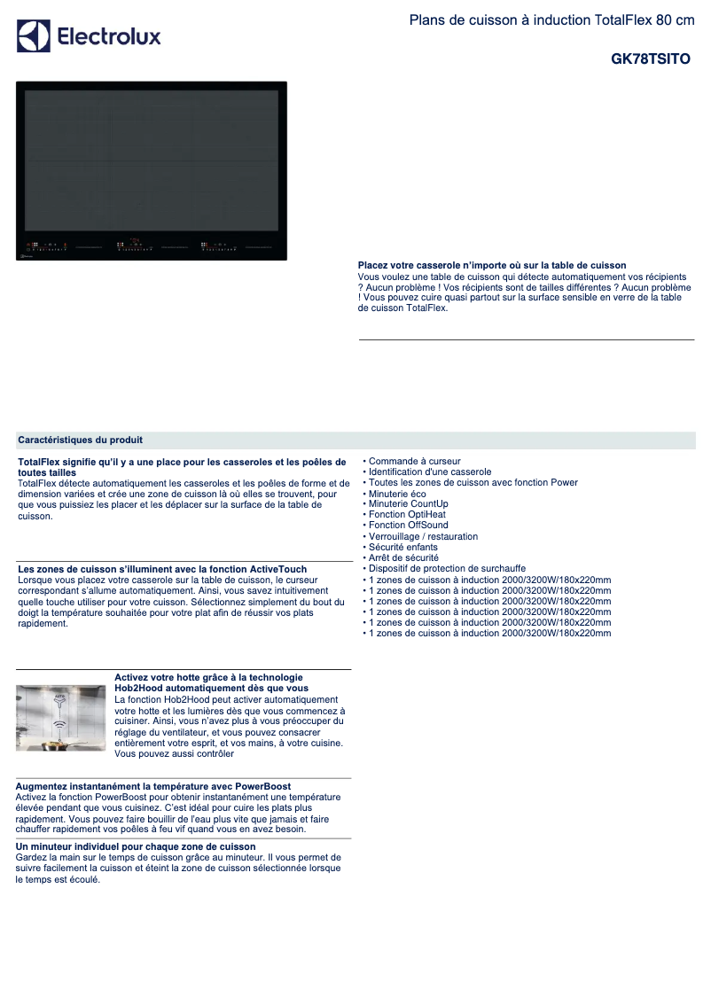 Page 1 de la notice Fiche technique Electrolux GK78TSITO