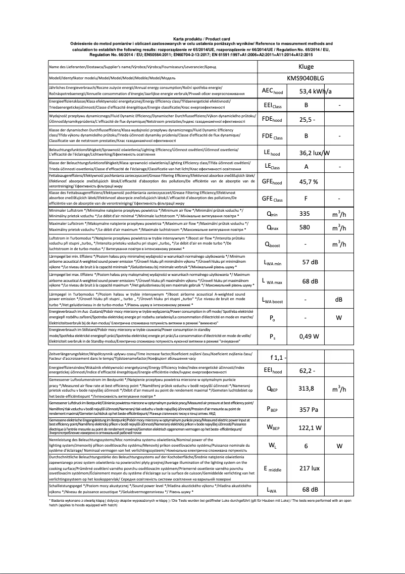 Page 1 de la notice Fiche technique Kluge KMS9040BLG
