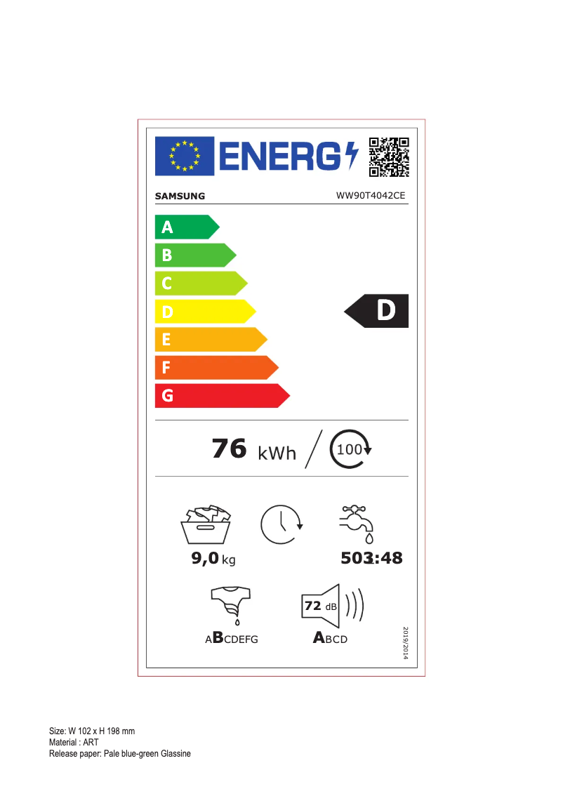 Page n°1 - Label énergétique Samsung WW90T4042CE