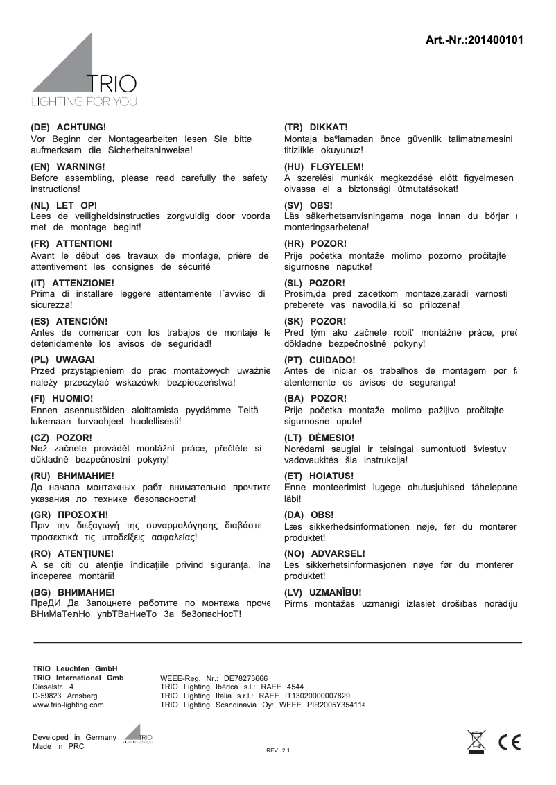Page 1 of the manual User Manual Trio Lighting Oviedo 201400101
