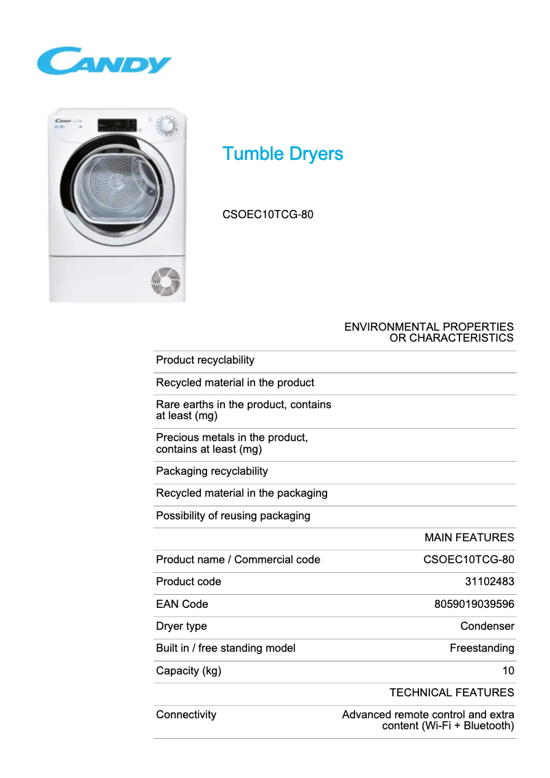 Page 1 de la notice Fiche technique Candy CSOEC10TCG-80