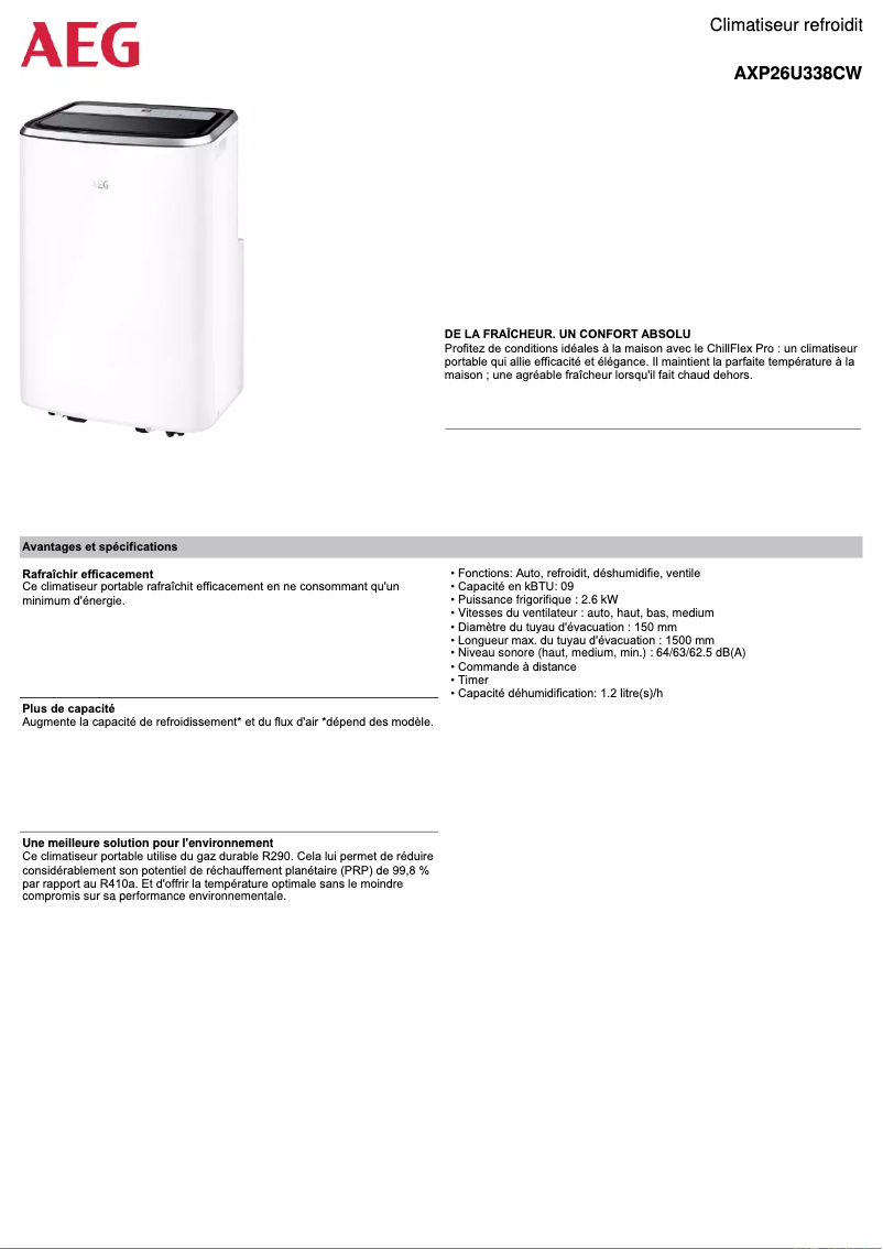 Page 1 de la notice Fiche technique AEG ChillFlexPro AXP26U338CW