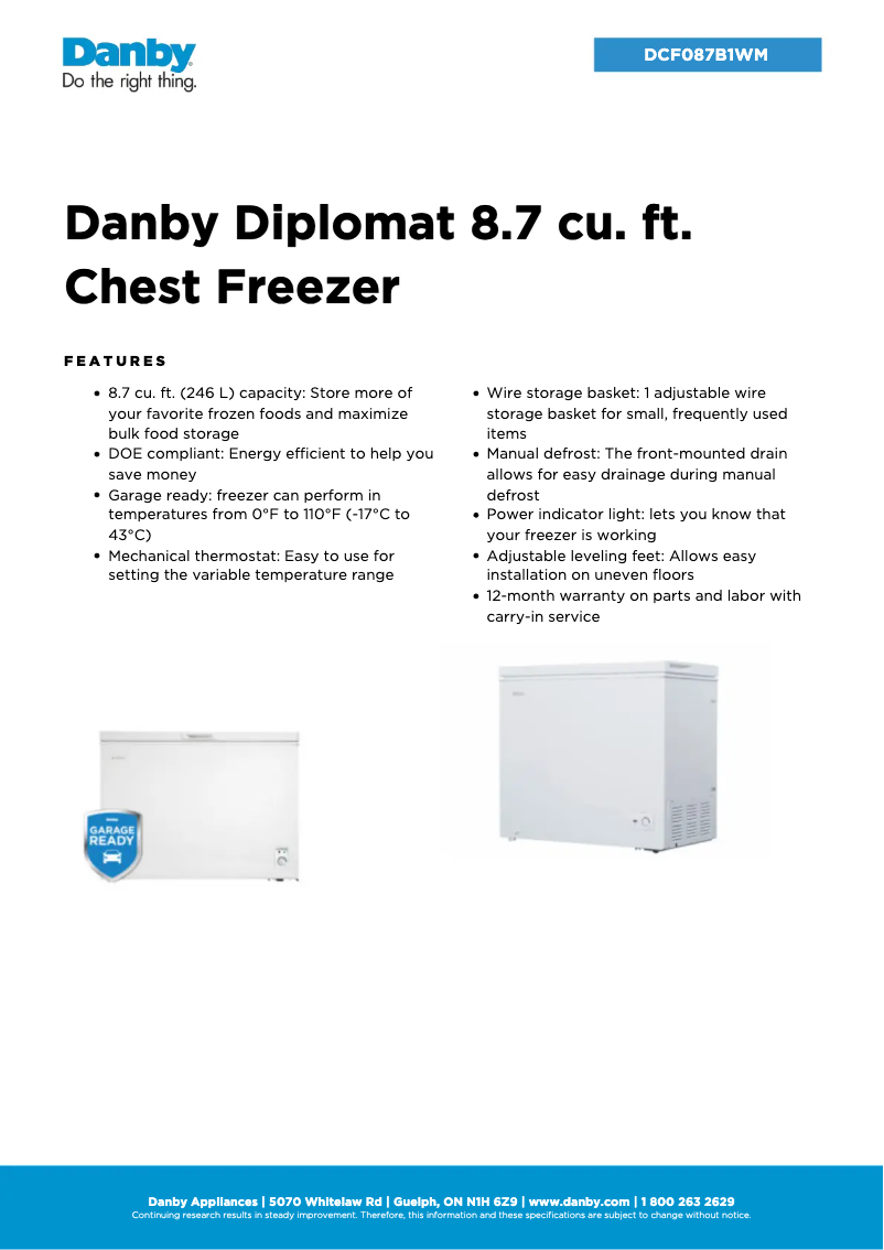 Page 1 de la notice Fiche technique Danby DCF087B1WM