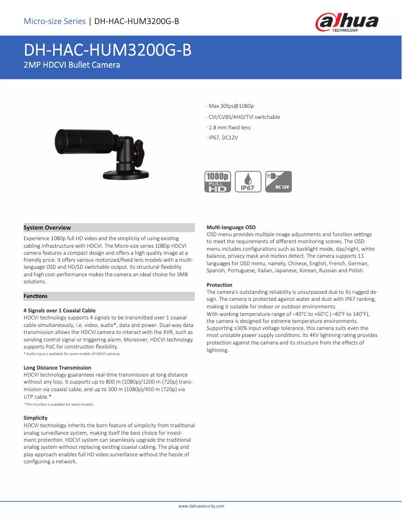 Page 1 de la notice Fiche technique Dahua Technology HAC-HUM3200G-B