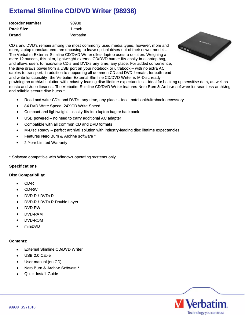Page 1 de la notice Brochure Verbatim External Slimline CD/DVD Writer 53504