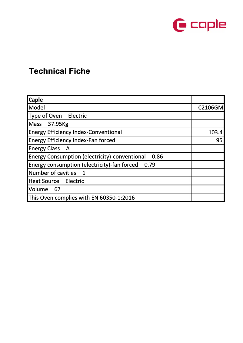 Page 1 de la notice Fiche technique Caple C2106GM