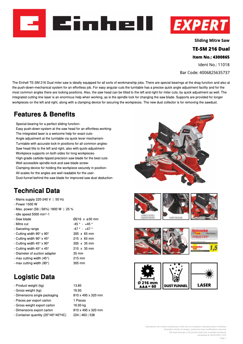 Page n°1 - Fiche technique Einhell TE-SM 216 Dual