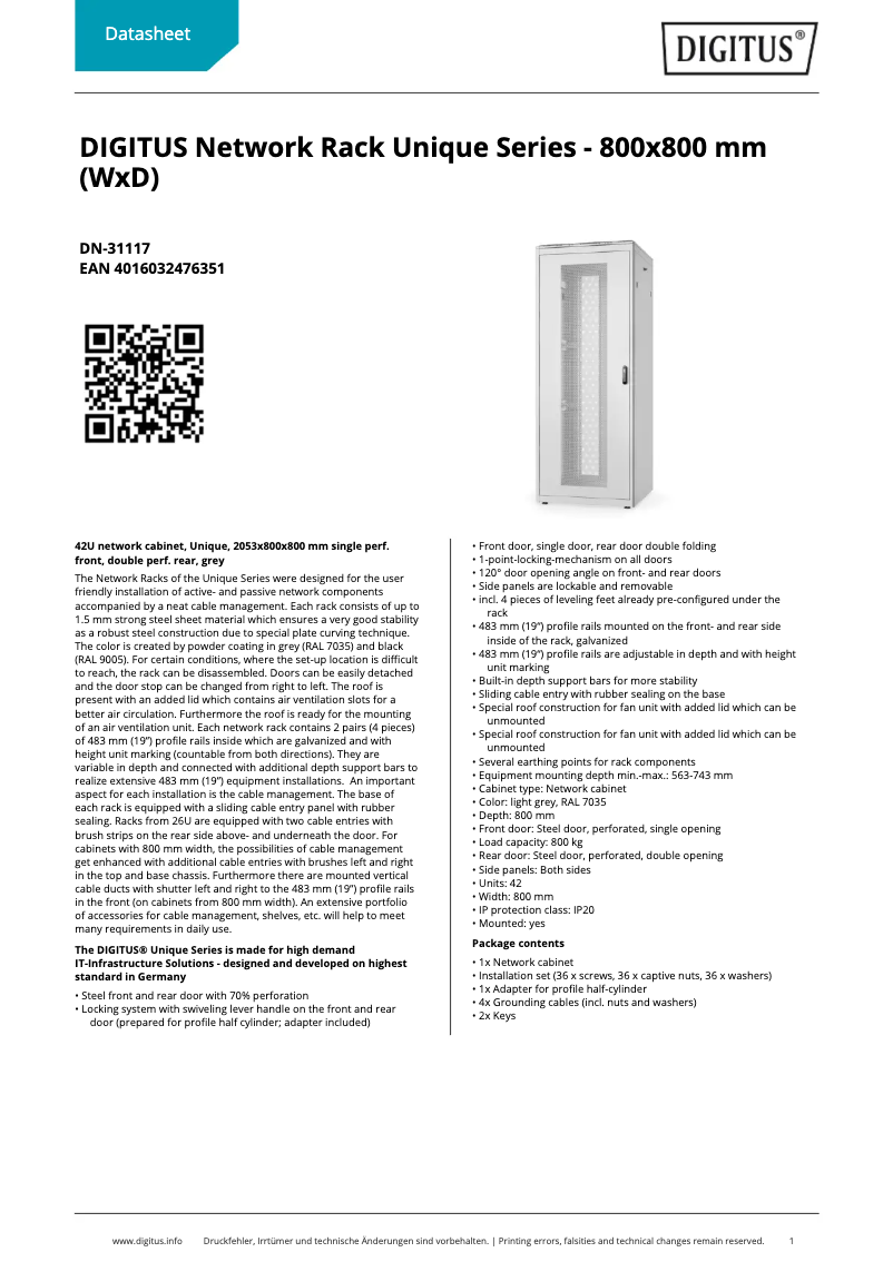 Page 1 de la notice Fiche technique Digitus DN-31117