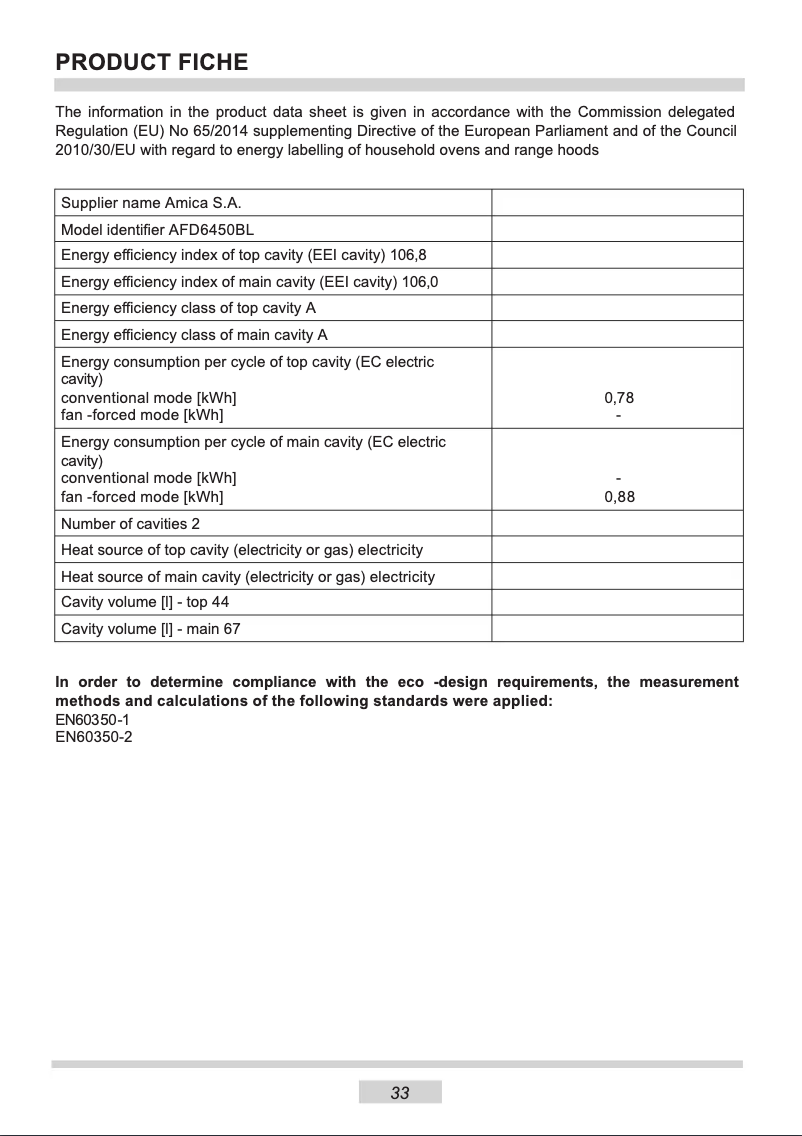 Page 1 de la notice Fiche technique Amica AFD6450BL