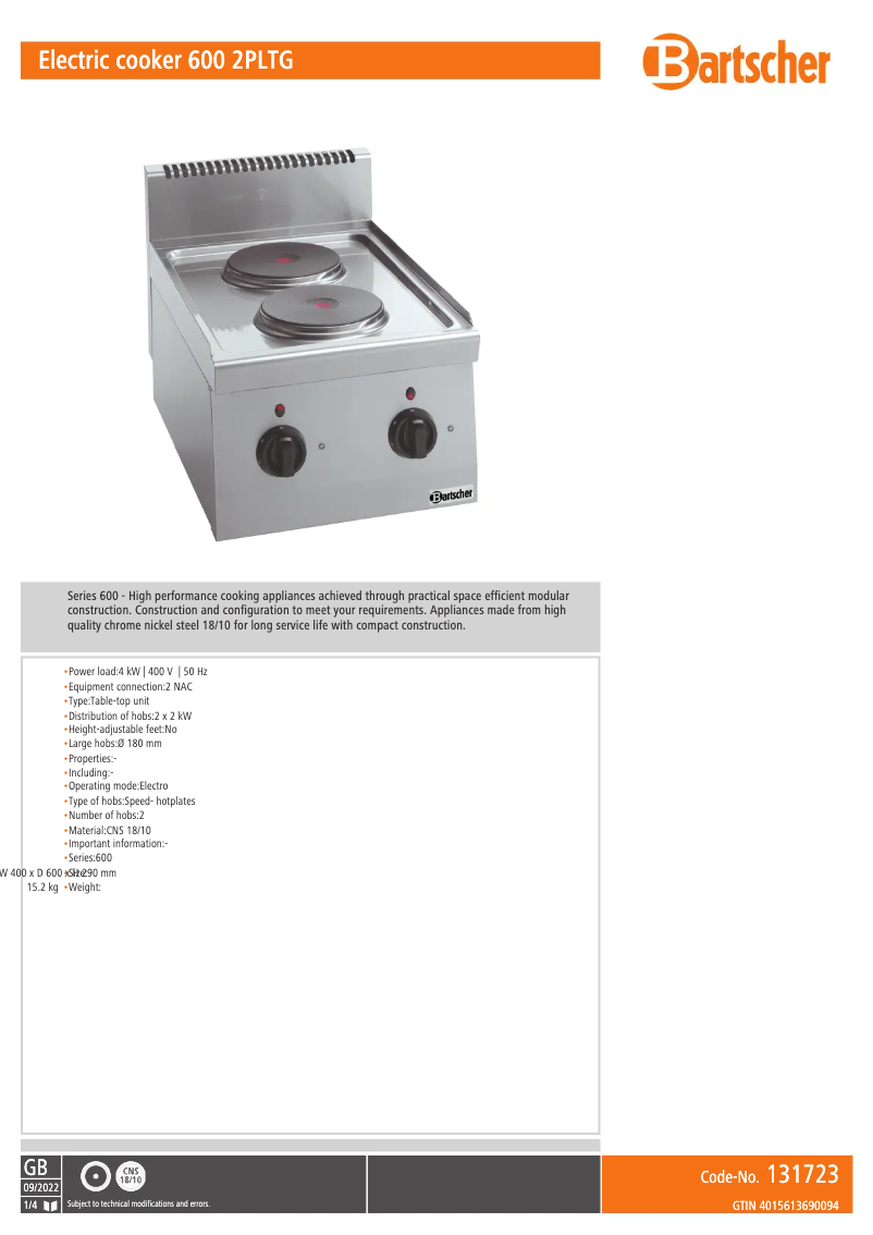 Page n°1 - Manuel utilisateur Bartscher 131723