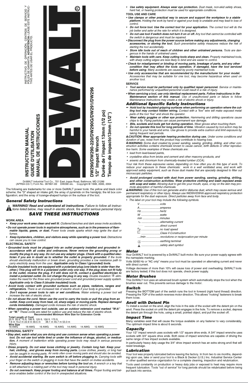 Page n°1 - Manuel utilisateur DeWalt DW291