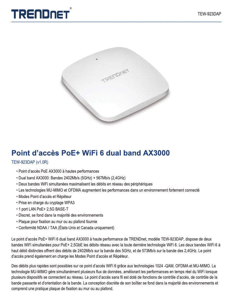 Page n°1 - Fiche technique TRENDnet TEW-923DAP