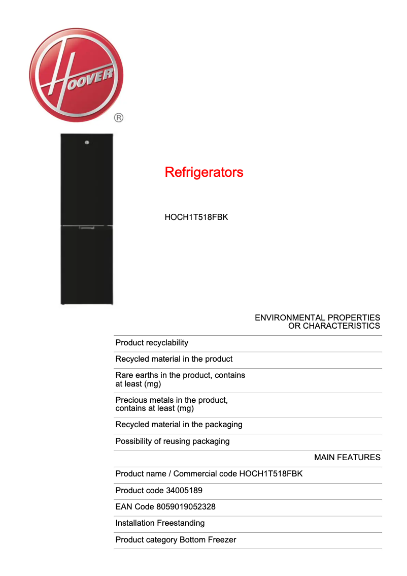 Page n°1 - Fiche technique Hoover HOCH1T518FBK
