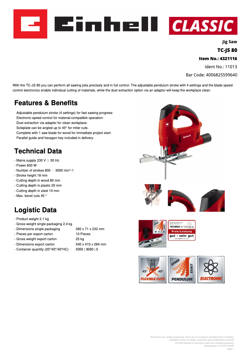 Page 1 de la notice Fiche technique Einhell TC-JS 80