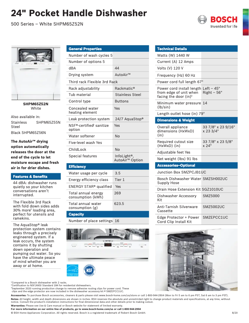 Page n°1 - Fiche technique Bosch SHPM65Z52N