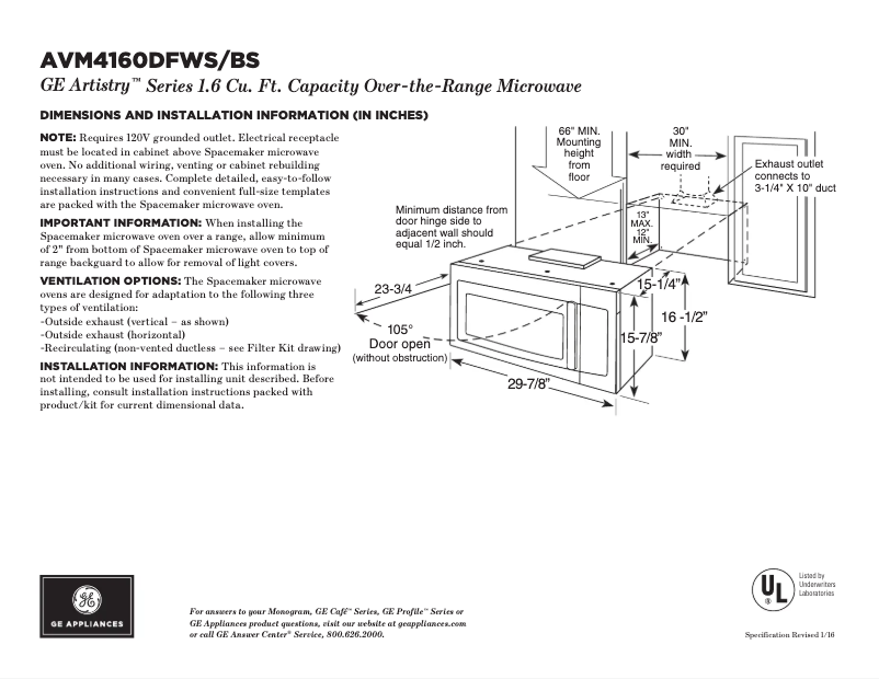 Página 1 del manual Ficha técnica GE Artistry AVM4160DFBS