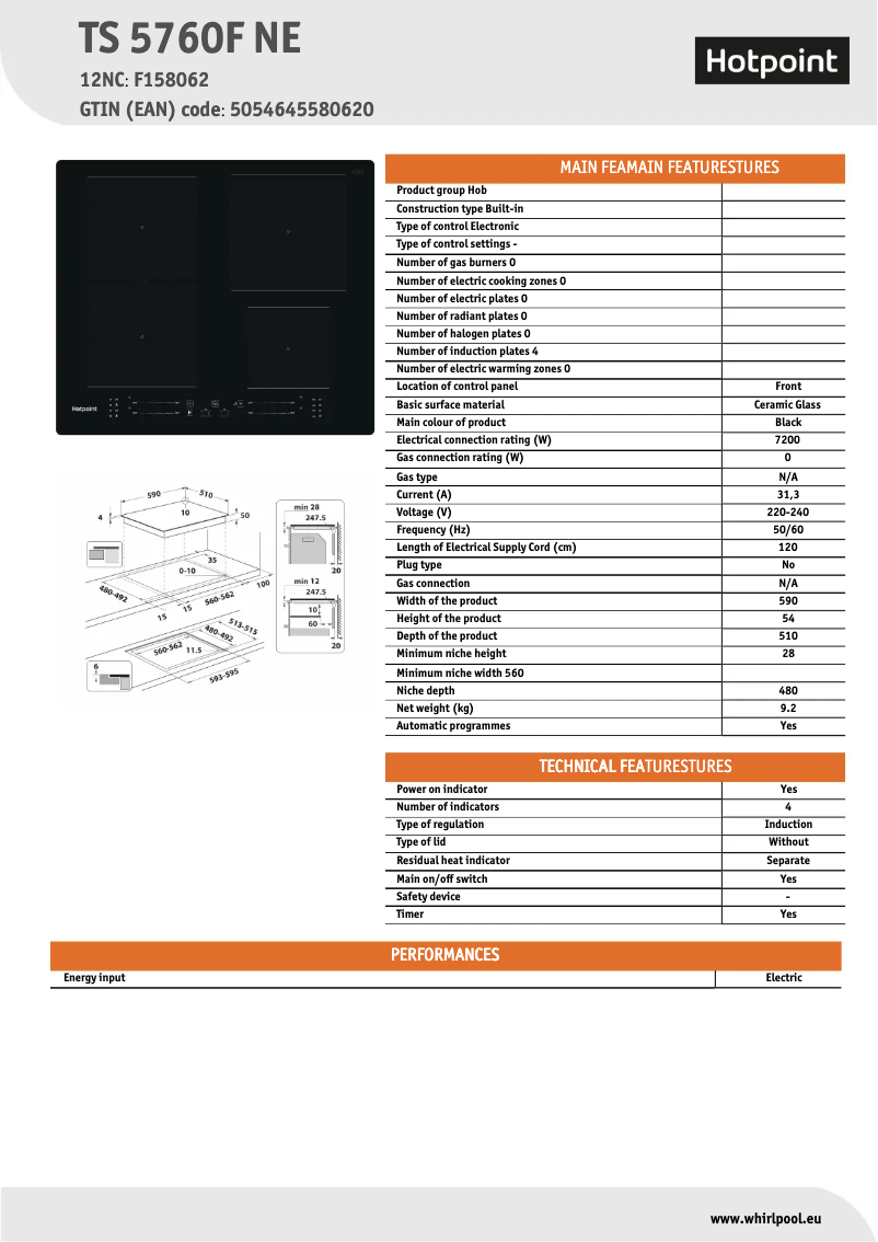 Page 1 de la notice Fiche technique Hotpoint TS 5760F NE