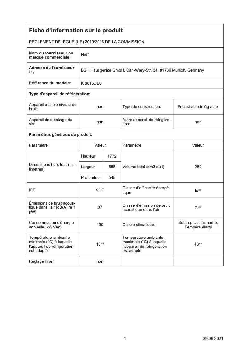 Page n°1 - Label énergétique Neff KI8816DE0
