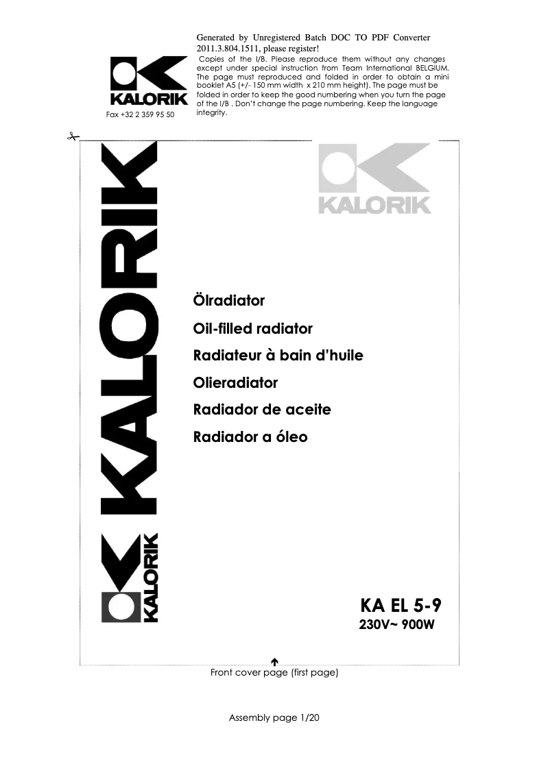 Page 1 de la notice Manuel utilisateur Kalorik KA EL 5-9