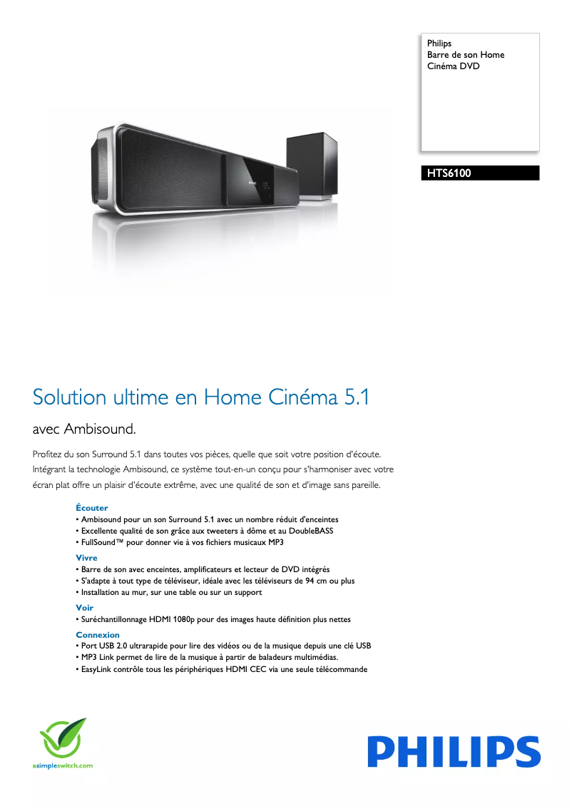 Page 1 of the manual Technical Sheet Philips HTS6100