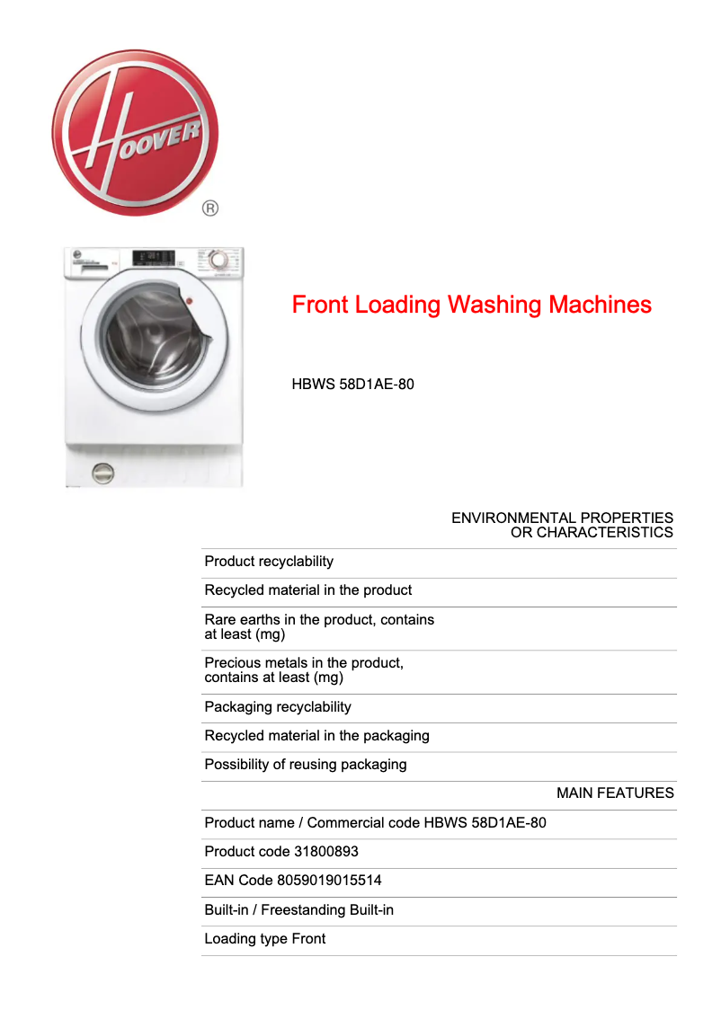 Page n°1 - Fiche technique Hoover HBWS 58D1AE-80