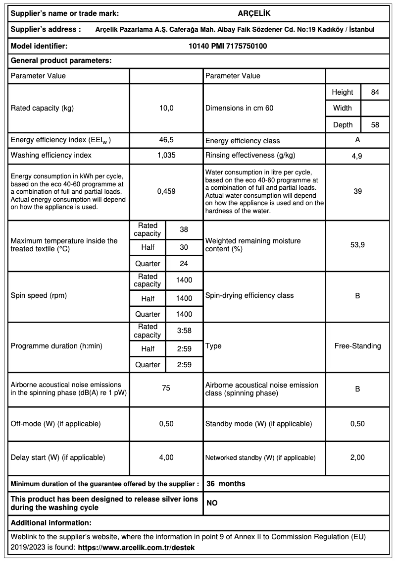 Page 1 de la notice Fiche technique Arçelik 10140 PMI