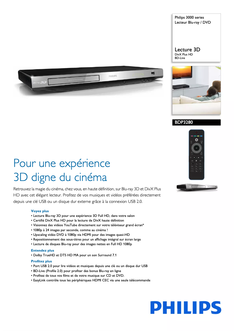 Page 1 de la notice Fiche technique Philips BDP3280
